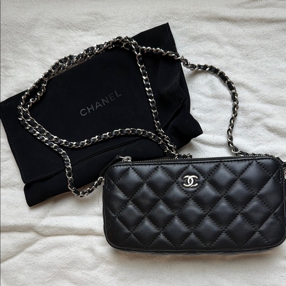 CHANEL Handbags - Chanel A82527 Matelasse W Zipper Chain Wallet Lambskin Black w/ silver hardware